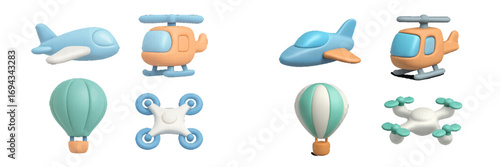 Stylized Cartoon Aircraft and Drones in Pastel Colors