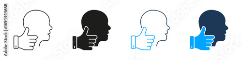 Thumbs Up With Human Head Line And Silhouette Icon Set. Approval, Agreement, And Positive Feedback Symbol Collection. Communication And Social Interaction. Isolated Vector Illustration