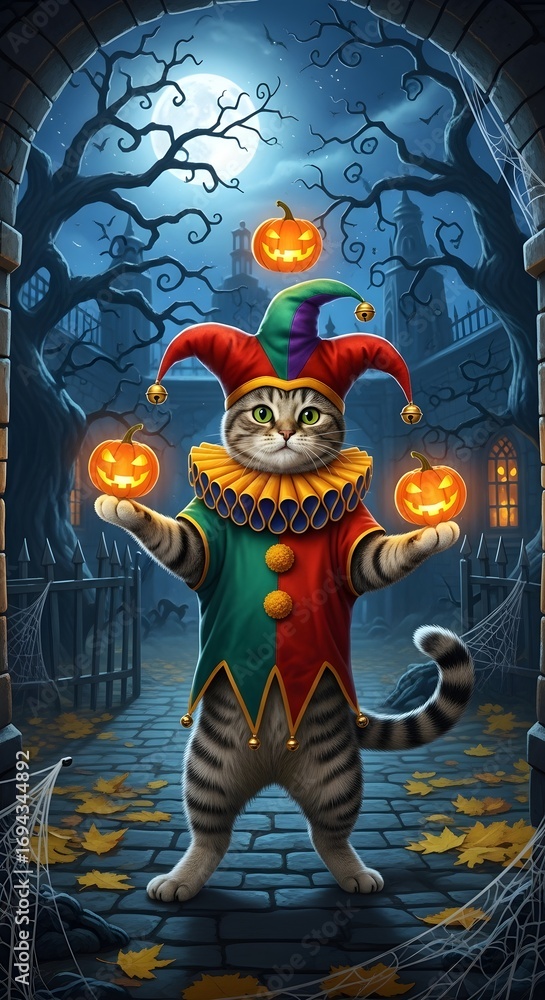 Obraz premium A tabby cat dressed as a jester holds carved pumpkins under a spooky moonlit night