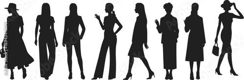 Fashion silhouette, stylish women, diverse outfits, modern clothing, casual and formal, black and white, runway, style collection