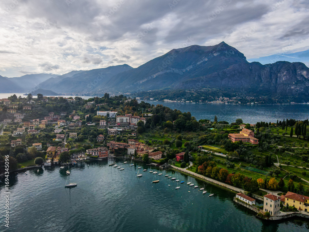Fototapeta premium Aerial landscape of Bellagio villa and Lago di Como Lake in Italian Alps fall in Lombardy