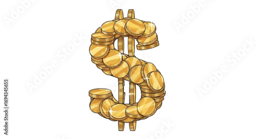 Golden dollar sign formed by stacked coins, wealth, finance, prosperity.