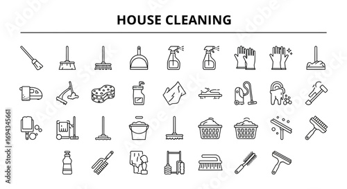 House Cleaning and Domestic Service Line Icons - Vector Set