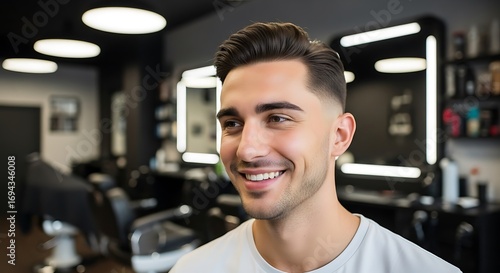 A man with a stylish haircut smiles happily in a modern barbershop setting.
