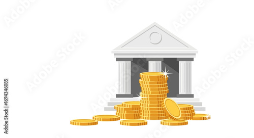 Classic bank building with a towering stack of gold coins, symbolizing wealth and finance.