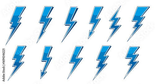 Collection of ten stylized blue lightning bolt illustrations with varied shapes and orientations