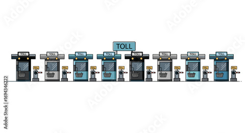 A row of toll booths with different colors and toll signs above them indicating the payment area