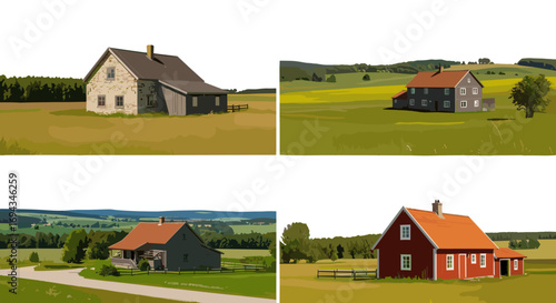 A collage of four rural houses with different architectural styles and surrounding landscapes in varying light