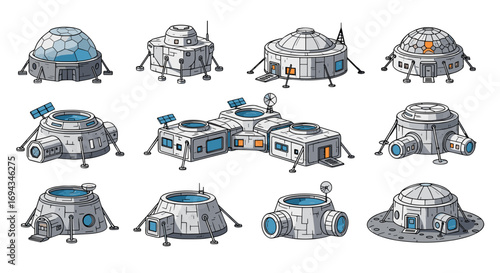 Collection of cartoon style space station modules with various designs and configurations shown together