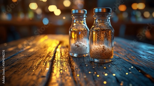 Salt & pepper shakers sit on table, background is blurred lights, use restaurant menu