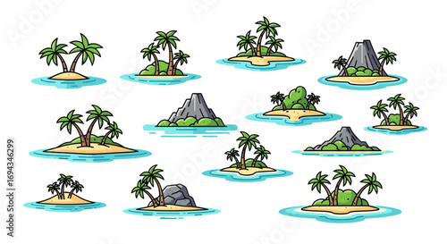Illustrations of tropical islands with palm trees and mountains surrounded by water on a white background