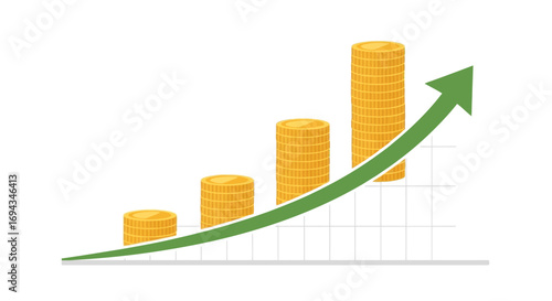 Ascending stacks of gold coins illustrate financial growth and increasing wealth.