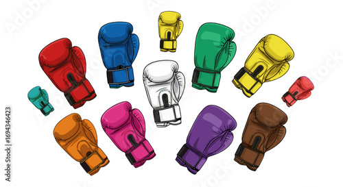 A collection of boxing gloves in various colors arranged in a circular pattern on a white background