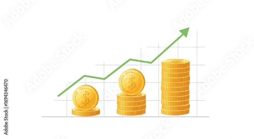 Graphic illustration depicting financial growth, showing increasing stacks of gold coins and a rising arrow.