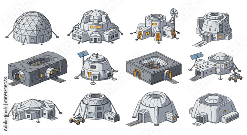 Isometric illustration of various futuristic space station buildings and lunar base modules designs
