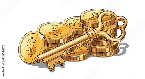 Golden key resting on a stack of gold coins, symbolizing financial success and opportunity.