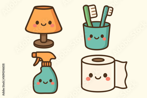 Cute House Items: An illustration of four charming, cartoon-style house items, featuring a lamp, toothbrush, spray bottle, and toilet paper roll, each with adorable smiling faces. 