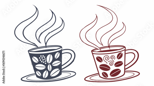 Brewed Delight: A pair of elegantly illustrated coffee cups exude warmth and charm, their intricate designs and gentle steam lines inviting contemplation, perfect for adding a touch of morning bliss.