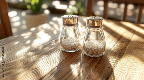 Salt and pepper shakers sit on table; sunlit patio background. Restaurant use