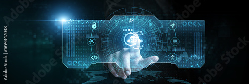 Businessman touching the API icon on the digital screen analyzing data. system integration, RESTful services, application connectivity, microservices architecture, seamless communication.