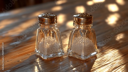 Salt and pepper shakers on wooden table, sunlight background, food seasoning