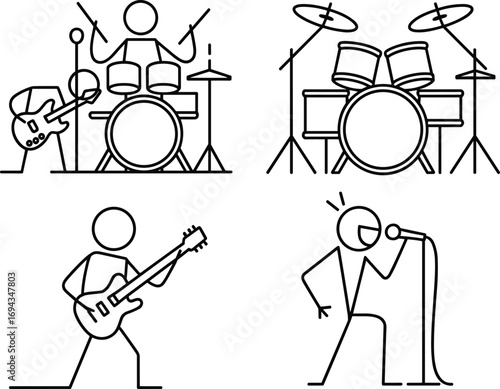 Rock band icon set, guitarist, drummer, singer symbols, concert performance silhouette, black and white drawing