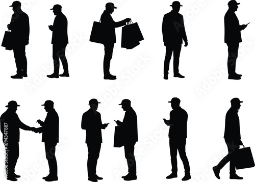 Silhouette man with hat, urban poses, shopping, mobile phone, handshake, jacket, lifestyle, standing, walking, interaction, casual wear, activity, gesture, character, black figure, everyday moment