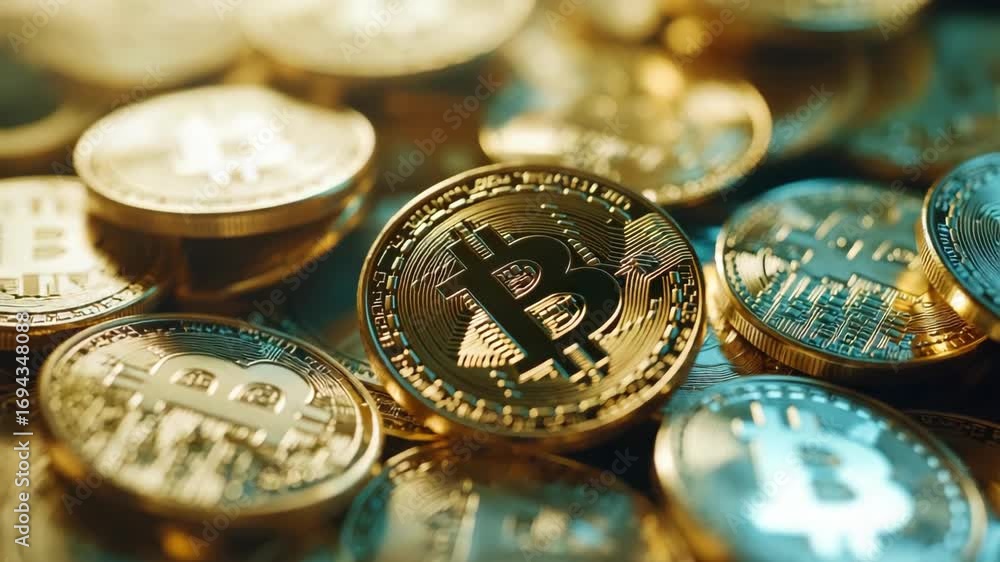 A collection of shiny digital Bitcoin coins on a dark background, symbolizing cryptocurrency and financial innovation.