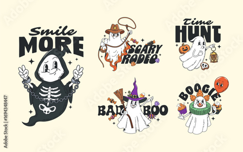 Hippie Halloween groovy characters stickers and retro t shirt prints with quirky ghosts cowboy, witch, reaper and clown, paired with playful y2k phrases, creating fun, retro spooky celebration vibe