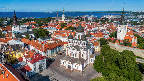 Aerial view of Alexander Nevsky Cathedral in Toompea above Tallinn Old Town (Vanalinn), the capital of Estonia, one of the Baltic States