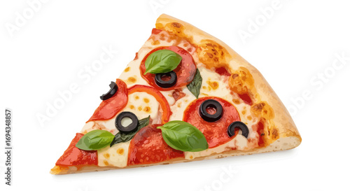 A single slice of pizza, featuring pepperoni, olives, tomato, basil, and melted cheese, isolated on white.