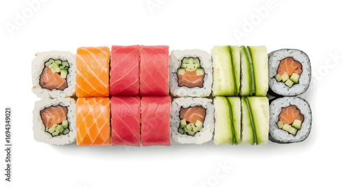 Assortment of colorful sushi rolls, displayed neatly on a white background.