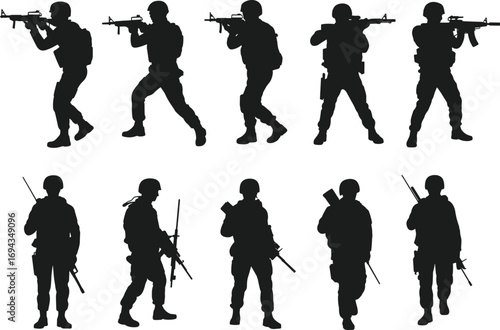 Silhouette, armed soldiers, military personnel, tactical gear, combat poses, rifle aiming, army patrol, battlefield action, defense forces