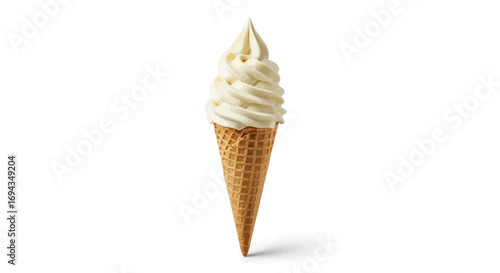 A single vanilla soft serve ice cream cone stands upright against a white background.