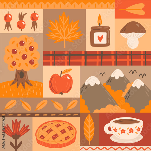 Cute autumn abstract seamless pattern in patchwork style. Vector bright texture with seasonal symbols. Hand-drawn illustration. Template for wrapping paper or textile.
