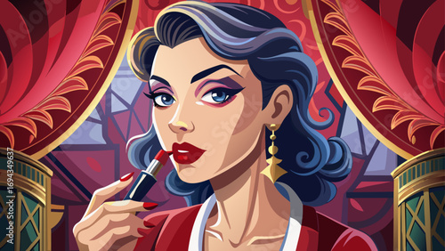 Close-up portrait of female makeup artist delicately applying lipstick. The isolated background shows elegance, style and confidence in the art of makeup.