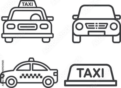 Taxi car front view, police vehicle silhouette, urban transport icon, black and white line drawing