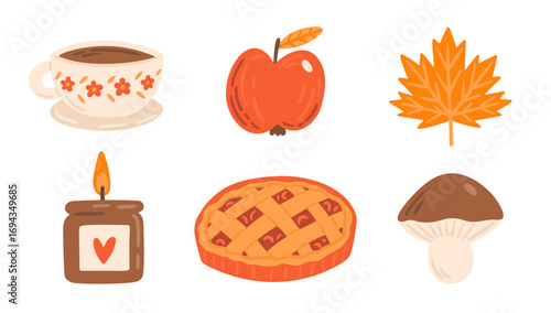 Autumn symbols - tea cup, apple, yellow leaf, candle, cherry pie and mushroom. Vector illustrations in cartoon style. Hand-drawn seasonal icons set. 