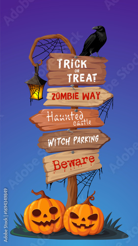 Halloween wooden sign board, scary signage. Cartoon vector spooky wood signpost with eerie text directions, decorated with a crow, cobwebs, lantern, and jack lanterns against a dark purple background