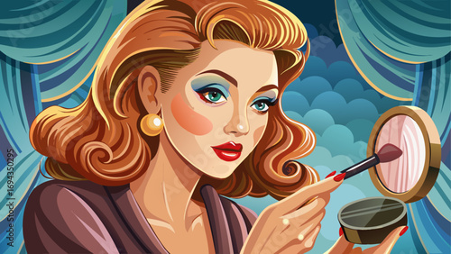
Close-up portrait of female makeup artist delicately applying blush. The isolated background shows elegance, style and confidence in the art of makeup.