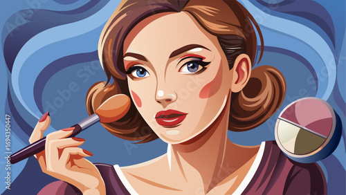 
Close-up portrait of female makeup artist delicately applying blush. The isolated background shows elegance, style and confidence in the art of makeup.