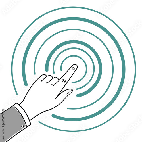 Hand pointing to touch screen with radiating concentric circles representing interaction or signal