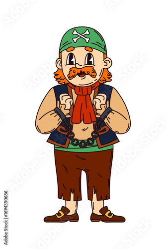 Groovy funny pirate or corsair character, sailor prisoner in shackles, cartoon vector. Groovy Caribbean pirate skipper or corsair groovy character in bandana with crossbones as sailor in handcuffs