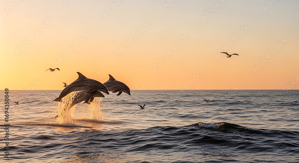 Fototapeta premium Dolphins leaping in sync at sunrise, with seabirds gliding above calm ocean waves.