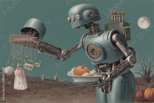 Cyberpunk robot magician performing halloween tricks under a full moon digital art futuristic landscape