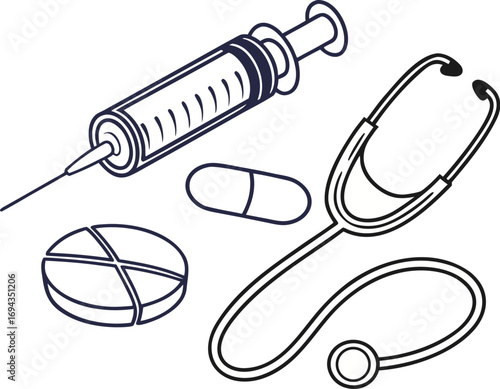 Medical supplies syringe stethoscope pills and capsules icons for healthcare and pharmacy