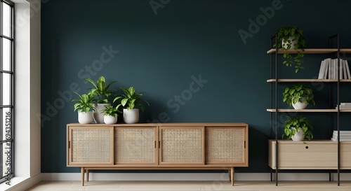 Dark teal wall, wooden cabinet with cane panels, potted plants, minimalist modern design, natural lighting, wood and metal shelves, generative ai