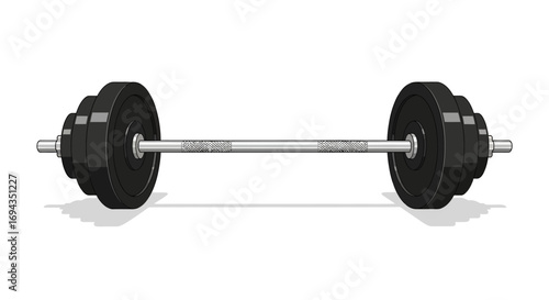 Loaded barbell for weightlifting, isolated on white background.