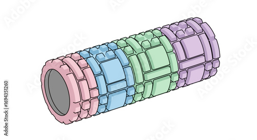 Multi-colored foam roller for self-massage and muscle recovery.