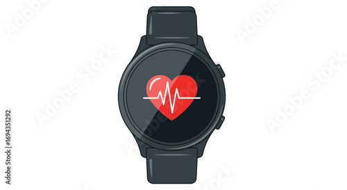 Smartwatch displaying heart rate monitor, health tracking app.